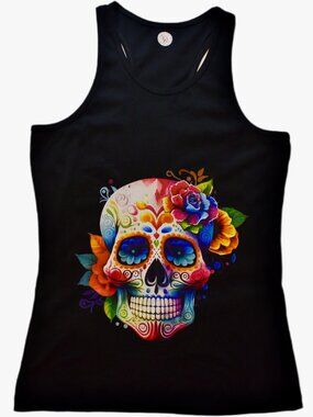 Visual Bliss Co Direct to Garment Printed Colorful Skull Graphic Design Tank Top